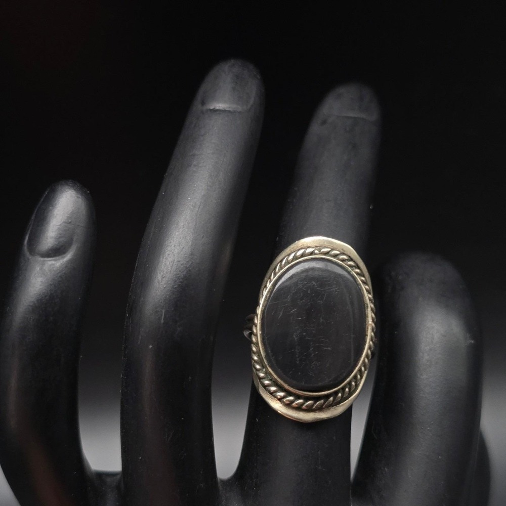 Black Onyx Silver Tone Ring Oval Size 5 Adjustable Boho